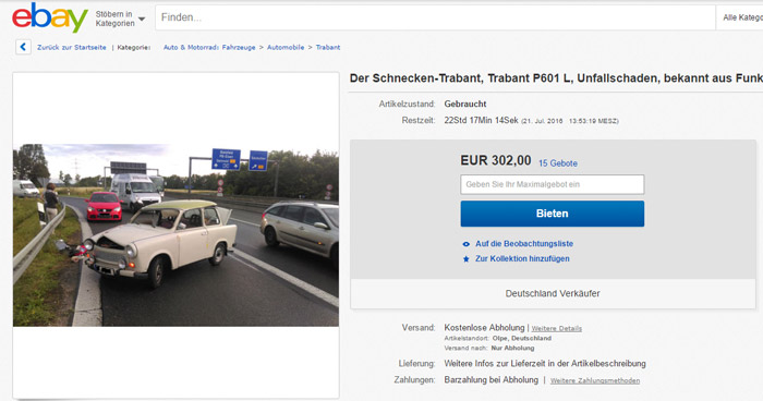 Schnecken-Trabi ebay Paderborn versteigert